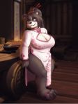  2018 anthro bear big_breasts black_hair black_nose blizzard_entertainment breasts chinese_clothing chinese_dress cleavage clothed clothing detailed_background dress female footwear green_eyes hair hair_sticks howlite long_hair mammal pandaren sandals smile solo standing thick_thighs video_games warcraft 