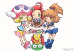  ;d ahoge amitie_(puyopuyo) andou_ringo anniversary arle_nadja blob blonde_hair blue_footwear blue_skirt boots brown_hair cake carbuncle_(puyopuyo) character_hair_ornament creature drill_hair flipped_hair food fruit full_body green_eyes hair_ornament hairclip half_updo hat knee_boots madou_monogatari multiple_girls one_eye_closed open_mouth puyo_(puyopuyo) puyopuyo puyopuyo_7 puyopuyo_fever red_hair shinonome_moegi shirt shoes short_hair skirt smile strawberry twin_drills twintails v white_background wrist_cuffs yellow_eyes 