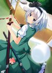  black_hairband blue_eyes flower hairband katana konpaku_youmu konpaku_youmu_(ghost) ok-ray scabbard sheath short_hair skirt solo sword touhou vest weapon white_hair 