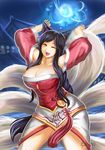  ahri animal_ears bad_id bad_pixiv_id bare_shoulders black_hair breasts cleavage detached_sleeves fang fox_ears fox_tail huge_breasts league_of_legends long_hair looking_at_viewer multiple_tails one_eye_closed orange_eyes qblade solo tail thighs 