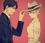  1girl adjusting_clothes adjusting_hat bad_id bad_pixiv_id belt black_hair blonde_hair blush buckle closed_mouth earrings fedora formal from_side fullmetal_alchemist hat jaiguru-eyeball jewelry necktie profile red_background riza_hawkeye roy_mustang short_hair simple_background smile suit 