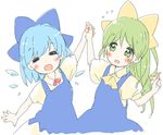  blue_hair cirno daiyousei fairy_wings green_eyes green_hair hair_ribbon hands_together ice ice_wings long_hair multiple_girls ponytail ribbon shipu_(toppintetratorten) smile touhou wings 