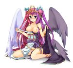  aqua_eyes asymmetrical_wings blush breasts chain chaos_venus_(p&amp;d) cross-laced_footwear headdress heart highres kurokage long_hair medium_breasts mouth_hold multicolored_hair nipples no_panties off_shoulder pink_hair purple_hair puzzle_&amp;_dragons red_hair sitting smile solo tongue tongue_out venus_(p&amp;d) wings 