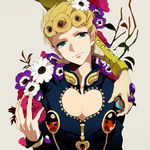  anemone_(flower) blonde_hair blue_eyes bug flower giorno_giovanna gold_experience head_tilt insect jojo_no_kimyou_na_bouken ladybug lowres male_focus redlark_(r083) solo_focus stand_(jojo) upper_body 