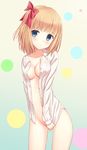  bad_id bad_pixiv_id bangs banned_artist blonde_hair blue_eyes blunt_bangs blush bottomless bow breasts cleavage collarbone contrapposto covered_nipples covering covering_crotch dress_shirt hair_bow highres looking_at_viewer medium_breasts n.g. naked_shirt no_bra open_clothes open_shirt original red_bow shiny shiny_skin shirt shirt_tug short_hair solo standing 