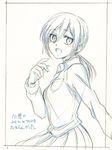  :d christa_renz colored_pencil_(medium) hair_between_eyes monochrome open_mouth ponytail shingeki_no_kyojin short_hair smile solo takeluuu traditional_media translated 