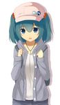  alternate_costume backpack bag blue_eyes blue_hair blush buttons contemporary hair_bobbles hair_ornament hat hood hoodie jewelry kawashiro_nitori key looking_at_viewer necklace open_mouth sawati smile solo touhou transparent_background 