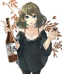  bottle brown_hair fringe_trim heterochromia idolmaster idolmaster_cinderella_girls mole mole_under_eye pantyhose sake_bottle short_hair smile solo tagaya6592 takagaki_kaede 