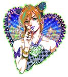  black_hair blonde_hair bracelet braid bug butterfly double_bun green_eyes heart insect jewelry jojo_no_kimyou_na_bouken kuujou_jolyne lipstick makeup midriff multicolored_hair okada_(hoooojicha) purple_lipstick solo stone_ocean tattoo two-tone_hair 