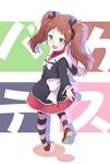  :d baka_to_test_to_shoukanjuu brown_hair green_eyes hair_ribbon highres kneepits korisei looking_back open_mouth outstretched_hand pantyhose pink_legwear ribbon shimada_hazuki shoes smile solo striped striped_legwear twintails 