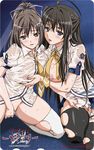  2girls black_hair blush breast_grab breasts brown_hair covering covering_crotch female grabbing kotowari long_hair multiple_girls nipples no_bra no_panties open_clothes pussy_juice school_uniform tachibana_kiyomi thighhighs thighs tongue torn_clothes wet wet_clothes yuigahama_yuki yuri 