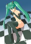  bad_feet bdsm bondage bound breasts checkered checkered_floor cuffs daizumi elbow_gloves gloves green_eyes green_hair handcuffs hatsune_miku highres long_hair navel nipples nude small_breasts solo thighhighs toe_socks twintails vocaloid 