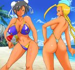  2girls ass ball beach beachball bikini black_hair blonde_hair blue_eyes blush breasts brown_eyes cammy_white capcom chun-li cleavage double_bun female hair_buns highres huge_breasts large_breasts lion_(abc3639) long_hair looking_back multiple_girls ocean outdoors palm_tree pixiv_manga_sample rai_on_(abc3639) resized shiny shiny_skin short_hair sling_bikini street_fighter swimsuit tree water 