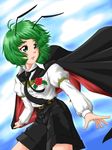  antennae armband belt blue_sky cape cape_tug cloud dress_shirt earrings flower green_eyes green_hair jewelry lips long_sleeves looking_away looking_back necktie parted_lips red_flower red_rose rose shirt short_hair shorts single_earring sky soarer_limited solo touhou wind wind_lift wriggle_nightbug 