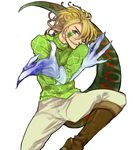  blonde_hair boots claws diego_brando fangs gloves green_shirt jojo_no_kimyou_na_bouken male_focus scary_monsters_(stand) shirt solo stand_(jojo) steel_ball_run tail tsuneaki_(dosnan) 