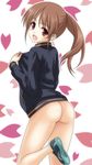  :d ass bare_legs blush bottomless brown_hair jacket long_hair long_sleeves looking_back naked_track_jacket no_panties no_pants no_socks open_mouth ponytail red_eyes saki saki_achiga-hen shoes smile solo takakamo_shizuno track_jacket umyonge_(lkakeu) 