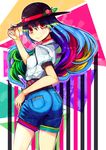  adapted_costume alternate_costume ass contemporary fashion food fruit hand_on_headwear hat highres hinanawi_tenshi kimiterary long_hair looking_at_viewer multicolored multicolored_hair peach rainbow_hair red_eyes shorts smile solo touhou 