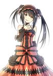  black_hair blush bow breasts cleavage collarbone date_a_live frills hairband heterochromia highres lolita_fashion lolita_hairband long_hair medium_breasts red_eyes sky_(freedom) smirk solo tokisaki_kurumi tongue twintails white_background yellow_eyes 