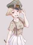  :d bangs blonde_hair blush breasts cowboy_shot erwin_(girls_und_panzer) girls_und_panzer goggles goggles_on_headwear grey_background grey_eyes hat hat_tip highres holding looking_at_viewer military military_hat miniskirt open_mouth peaked_cap pleated_skirt profile shirt short_hair short_sleeves simple_background skirt small_breasts smile solo suspenders t-shirt yoshikawa_kazunori 