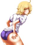  ahoge aki_shizuha alternate_costume ass bent_over blonde_hair blush buruma eyebrows gym_uniform highres looking_at_viewer looking_back puffy_sleeves shirt short_hair short_sleeves simple_background smile solo thick_eyebrows touhou white_background yellow_eyes zan_(harukahime) 
