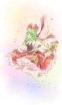  absurdres adapted_costume bad_id bad_pixiv_id bare_shoulders barefoot bow breasts detached_sleeves flower frills front_ponytail green_eyes green_hair hair_bow hair_ribbon highres kagiyama_hina medium_breasts open_mouth petals ribbon smile solo touhou transistor 