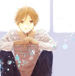  brown_eyes brown_hair male_focus momose_(oqo) mouth_hold ooji_mochizou shirt solo striped striped_shirt tamako_market 