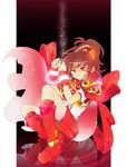  armor armored_dress black_background boots brown_hair cape cuffs doppelganger_arle full_body handcuffs hitopm knee_boots madou_monogatari puyopuyo red_armor red_cape red_eyes reflection short_hair skirt solo wrist_cuffs 