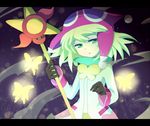  amitie_(puyopuyo) blonde_hair bug butterfly gloves green_eyes hat insect jacket komeichou-69 letterboxed magic purple_background puyopuyo puyopuyo_fever short_hair solo staff 