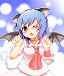  animal_ears bat_wings blue_eyes cat_ears collar fey_(broken_cage) heart highres one_eye_closed paw_pose red_eyes remilia_scarlet solo touhou wings wrist_cuffs 