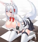  animal_ears apron areola_slip areolae bow bowtie breast_rest breasts breasts_on_tray carried_breast_rest checkered checkered_floor elbow_gloves fox_ears fox_tail garter_straps gloves huge_breasts kneeling long_hair maid_apron maid_headdress mike_(foxbox) original red_eyes silver_hair solo tail white_gloves white_legwear 