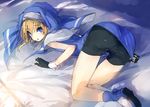  all_fours ass bent_over bike_shorts blonde_hair blue_eyes blue_skirt boots bridget_(guilty_gear) bulge cross fingerless_gloves gloves guilty_gear_xx habit hoop male_focus otoko_no_ko shiny shiny_skin skirt solo spandex top-down_bottom-up ukyo_rst 