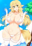  1girl animal_ears beach bikini blonde_hair breasts choker curvy elbow_gloves female fox_ears fox_tail gloves green_eyes highres kaori_(angelo) large_breasts long_hair navel ocean open_mouth original solo standing string_bikini summer swimsuit tail thigh_gap thighhighs wedge white_bikini white_legwear white_swimsuit white_thighhighs wide_hips 