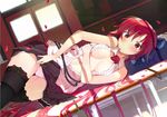  1girl areola_slip areolae bag bare_shoulders belt blush breasts classroom cleavage dakara_boku_wa_h_ga_dekinai desk door highres legs lisara_restall long_hair looking_at_viewer lying nauribon no_bra on_side open_clothes open_shirt panties pantyhose petals red_eyes red_hair red_rose rose rose_petals shadow shirt skirt skirt_lift smile solo sunlight thigh_gap thighhighs thighs underwear upskirt white_panties 