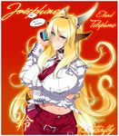  animal_ears belt breasts cellphone earrings english highres horns huge_breasts jewelry long_hair midriff navel necktie original phone rei_josephine_eland solo very_long_hair yakibuta_(shimapow) 