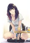  bangs between_legs black_hair blue_eyes blunt_bangs can carina_(xiaowoo) cellphone chips clothes_writing cup food glass hand_between_legs highres long_hair original phone purple_hair shirt short_shorts shorts sitting smile solo t-shirt table wavy_hair 