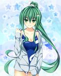  alternate_hairstyle breasts cleavage frog_hair_ornament green_eyes green_hair hair_ornament highres hood hoodie kochiya_sanae large_breasts long_hair ngirln4 one-piece_swimsuit ponytail smile snake_hair_ornament solo star swimsuit touhou 