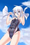  abs blue_eyes breasts cameltoe competition_swimsuit covered_nipples highres myouan one-piece_swimsuit original shirakami_itsuki short_hair small_breasts solo swimsuit towel white_hair 