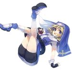  bike_shorts blonde_hair blue_eyes blue_skirt bridget_(guilty_gear) cross fingerless_gloves gloves guilty_gear_xx hood hoop male_focus otoko_no_ko skirt solo ukyo_rst 