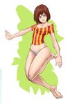  animoose barefoot breasts brown_hair medium_breasts no_pants original panties purple_eyes shirt short_hair smile solo striped t-shirt underwear vertical_stripes 