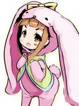 animal_costume bow brown_eyes brown_hair bunny_costume bunny_tail color_73 cosplay ichihara_nina idolmaster idolmaster_cinderella_girls kigurumi long_sleeves open_mouth solo tail white_background 