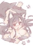  animal_ears barefoot blush breasts brown_hair full_body fur imaizumi_kagerou large_breasts long_hair nipples nude open_mouth paw_print red_eyes simple_background solo tail touhou transpot_nonoko white_background wolf_ears wolf_tail 