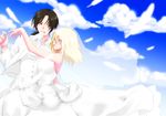 bad_id bad_pixiv_id black_hair blonde_hair christa_renz cloud couple dress formal freckles gloves gotdame jewelry mouth_hold multiple_girls outstretched_arm profile ring shingeki_no_kyojin sky veil wedding wedding_dress white_dress wife_and_wife ymir_(shingeki_no_kyojin) yuri 