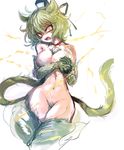  animal_ears bottomless breasts cat_ears cat_tail cis_(carcharias) cleavage collar electricity fangs fur green_hair hat kemonomimi_mode large_breasts looking_at_viewer navel open_mouth pubic_hair short_hair simple_background sketch soga_no_tojiko solo tail tate_eboshi touhou white_background yellow_eyes 