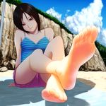  barefoot black_hair cloud day feet foreshortening original pov_feet red_eyes shade shin_(world_3000) short_hair shorts sitting sky smile soles solo striped striped_tank_top tank_top toes 
