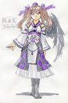  :&lt; adapted_costume alternate_costume bow brown_hair detached_sleeves hair_ribbon hat himekaidou_hatate kawachi_koorogi long_hair marker_(medium) pointy_ears red_eyes ribbon single_wing solo tokin_hat touhou traditional_media twintails wide_sleeves wings 