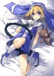  bike_shorts blonde_hair blue_eyes blue_skirt bridget_(guilty_gear) cross fingerless_gloves gloves guilty_gear_xx hood hoop male_focus otoko_no_ko skirt solo ukyo_rst 