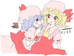  :d bat_wings blonde_hair blue_hair blush fang flandre_scarlet hat hat_ribbon multiple_girls open_mouth red_eyes remilia_scarlet ribbon shipu_(toppintetratorten) siblings sisters smile touhou wings 