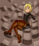  animoose bare_shoulders blonde_hair blush bodysuit boots breasts cra elbow_gloves evangelyne fingerless_gloves gloves green_eyes invisible_chair medium_breasts pointy_ears short_hair sitting skin_tight solo thigh_boots thighhighs wakfu 