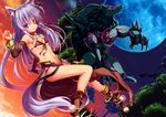  animal_ears bare_shoulders bikini_top blue_eyes boots braid claws elbow_gloves full_moon gloves glowing glowing_eye hair_ornament hair_tubes heterochromia highres jewelry long_hair midriff moon muscle navel night open_mouth original red_eyes side_braid skirt sky tail tattoo werewolf yuzu_modoki 