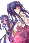  :&lt; blue_eyes blue_hair bow cravat dlanor_a_knox dress drill_hair dutch_angle eiserne_jungfrau furudo_erika hair_ornament hat long_hair multiple_girls pink_bow purple_hair smirk twintails umineko_no_naku_koro_ni wanko_(takohati8) wide_sleeves yellow_eyes 